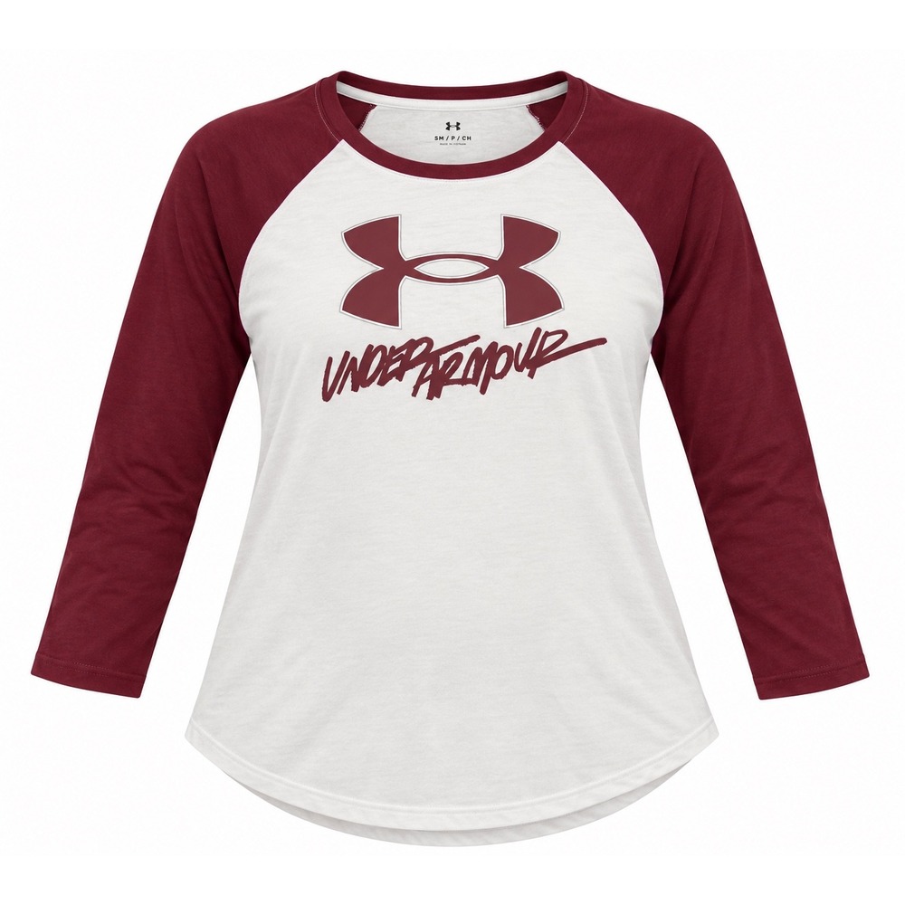 Under Armour Womens XL Raglan Baseball Tee White Burgundy Logo Long Sleeve Shirt